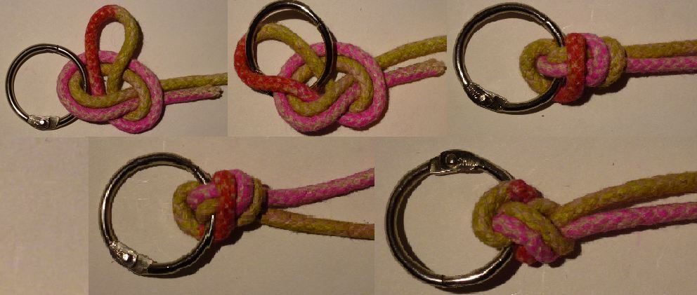 Palomar knot sequence showing line looped through hook eye and tightened