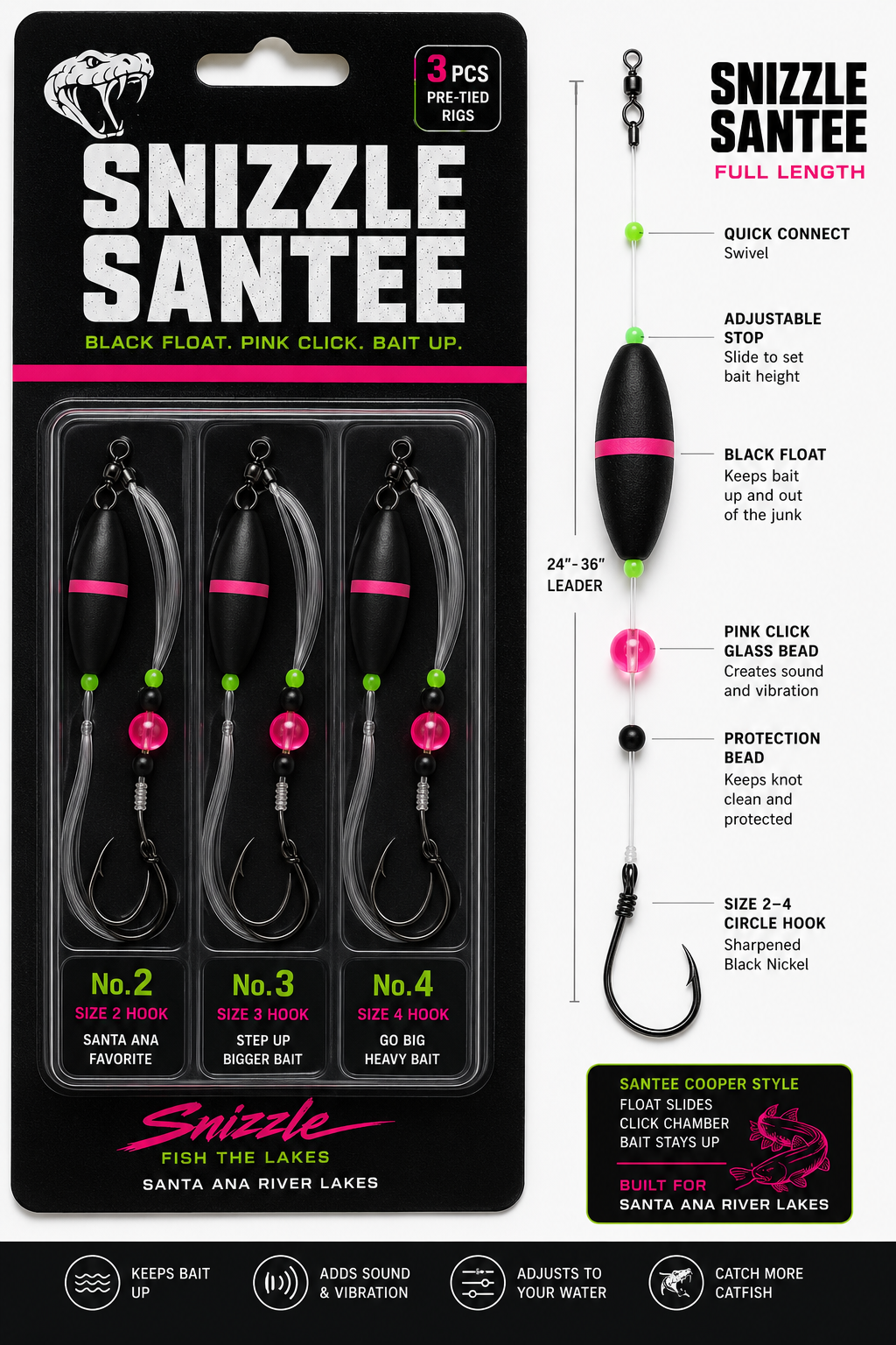 Snizzle Santee pre-tied rig package with float, bead, leader, and hook callouts